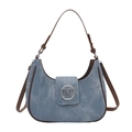 Blue denim crescent hobo bag with brown leather trim and silver metal M logo - Light Blue
