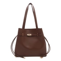 Classic dark brown leather bucket bag with gold metal clasp and adjustable shoulder straps - Brown