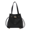 Minimalist black faux leather tote bag featuring gold buckle closure and sleek design - Black