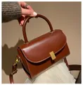 Vintage brick red leather square crossbody bag with gold buckle and top handle - Dark Brown
