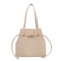 Minimalist beige tote bag with gold metal clasp and belt decorative details on white background - White