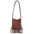 Borsa tote in camoscio marrone con frange lunghe e tracolla dal design minimalista - Marrone