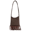 Borsa a tracolla in finta pelle scamosciata marrone con frange boho e spallina - caffè