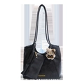 Borsa tote in pelle nera con logo dorato, pochette piccola e ciondolo di peluche - Nero con Pendente