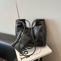 Minimalist black large capacity tote bag set with golden fashion text on smooth faux leather - Black