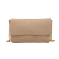 Chic suede-textured crossbody square bag with gold chain strap on white background - Khaki