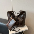 Dark brown large capacity tote bag and pouch set in premium faux leather finish - Coffee No Pendant