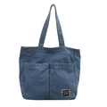 Large capacity dark blue denim tote bag with front pockets and shoulder straps - Light Blue