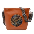 Vintage brown leather tote bag with elephant embossment and colorful woven strap - Yellow Brown