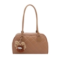 Gesteppte braune Tragetasche in Camel mit Plüschanhänger, schicke Damen Schultertasche - Khaki