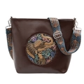 Vintage dark brown leather shoulder bag featuring colorful elephant relief and woven strap - Brown