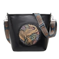 Retro black leather bucket bag with elephant relief and patterned woven shoulder strap - Black