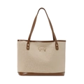 Elegante beige tote bag met luipaardprint, bruine handvatten en gouden strikgesp - Broken Wit