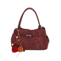 Vintage burgundy suede tote bag with metallic buckle and bohemian fur ball pendant - Coffee With Pendant
