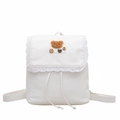 Cute white backpack with drawstring, lace trim and bear embroidery for women - White