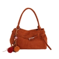 Vintage brown matte leather tote bag with silver buckle and plush ball charm on white background - Brown With Pendant