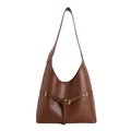 Bolso tote vintage marrón caramelo con detalle de hebilla de cinturón sobre fondo blanco - Marrón