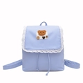 Cute light purple cartoon bear backpack with white lace trim and heart button accents - Blue