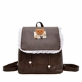 Vintage brown leather backpack for women with white lace trim and cute bear patch detail - Brown Bear Letter
