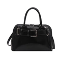 Retro black glossy leather handbag with silver buckle and detachable shoulder strap - Black