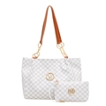 Set borsa tote bianca e pochette con stampa monogramma M e logo in metallo dorato - Bianco