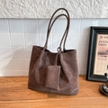 Retro brown large capacity tote bag with small pouch on a wooden surface for daily use - Brown