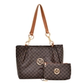 Elegante borsa tote con stampa a motivo M e logo in metallo dorato su pelle marrone scuro - Marrone