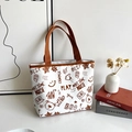 Borsa tote in tela bianca con stampa graffiti orsetto e tracolla marrone - Cuoio