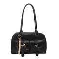 Retro black high-shine PU leather Boston bag with beaded charm and front flap pockets - Black