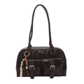 Dark coffee glossy leather Boston tote bag with decorative bead chain and pockets - Brown