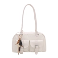 White faux leather Boston bag with vintage buckle pockets and colorful wooden bead charm - White