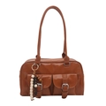 Caramel brown PU leather Boston bag with wooden bead charm and dual front pockets - Brown