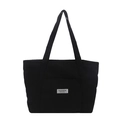 Grande borsa tote in velluto a coste nero da donna con patch fashion e tracolle lunghe - Nero