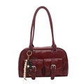 Deep red patent leather bowling bag with multi-pocket design and bead keychain - Red