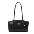 Borsa a spalla minimalista in pelle lucida nera con logo in metallo dorato per donne - Nero