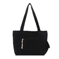 Large capacity black corduroy tote bag with zipper pocket and shoulder straps - Black