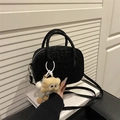 Leopard embossed black Boston bag with plush cloud charm and detachable strap - With Pendant / Black