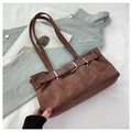 Detail of vintage brown suede shoulder bag with industrial silver buckle and strap - Brown