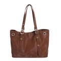 Retro large brown tote bag with decorative silver buckles and straps on white background - Brown
