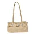Retro beige suede underarm bag with a vintage silver buckle strap design on white background - Khaki