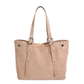 Large light brown leather tote bag with silver metallic buckles and grommets detail - Khaki