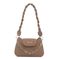 Brown woven handle shoulder bag with silver floral chain and fashion logo print - No Pendant / Khaki