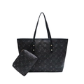 Ensemble sac cabas noir avec motif oiseaux, pochette assortie et rivets dorés - Cygne Noir