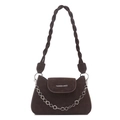 Dark brown suede shoulder bag with woven handle and decorative floral silver metal chain - No Pendant / Brown