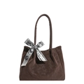 Retro dark brown large tote bag in matte suede with decorative Paris printed silk scarf - Brown