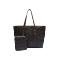 Ensemble sac cabas marron chocolat imprimé et petite pochette avec rivets dorés - Cygne Café avec Marron Jaune