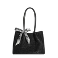 Black vintage suede tote bag with elegant silk scarf accent and pleated detailing - Black