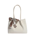 Japanese style cream white pleated tote bag with geometric silk scarf decoration - White