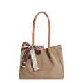 Harajuku style pleated khaki tote bag with a silk scarf and soft PU leather texture - Khaki