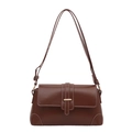 Deep brown matte faux leather shoulder bag with white contrast stitching and gold buckle - Tan